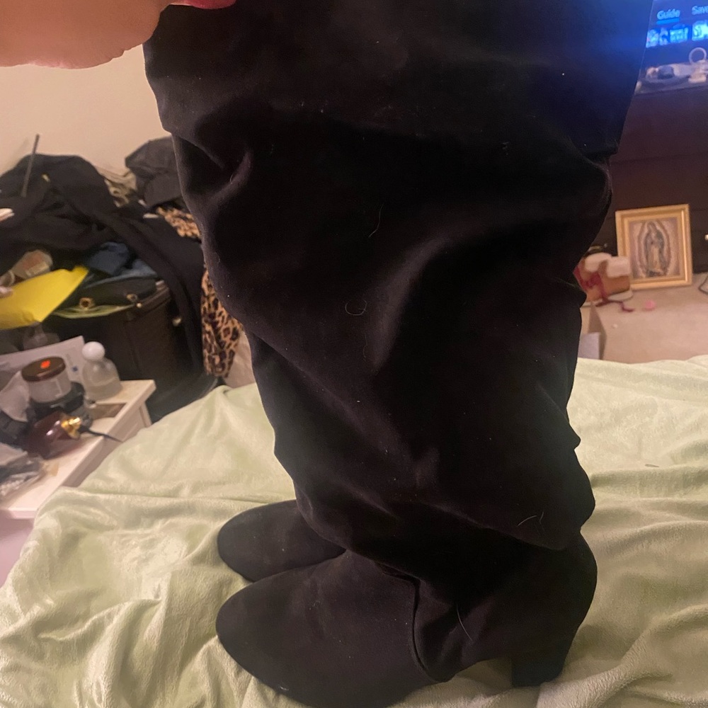 Black suede boots with 1/2 inch heel